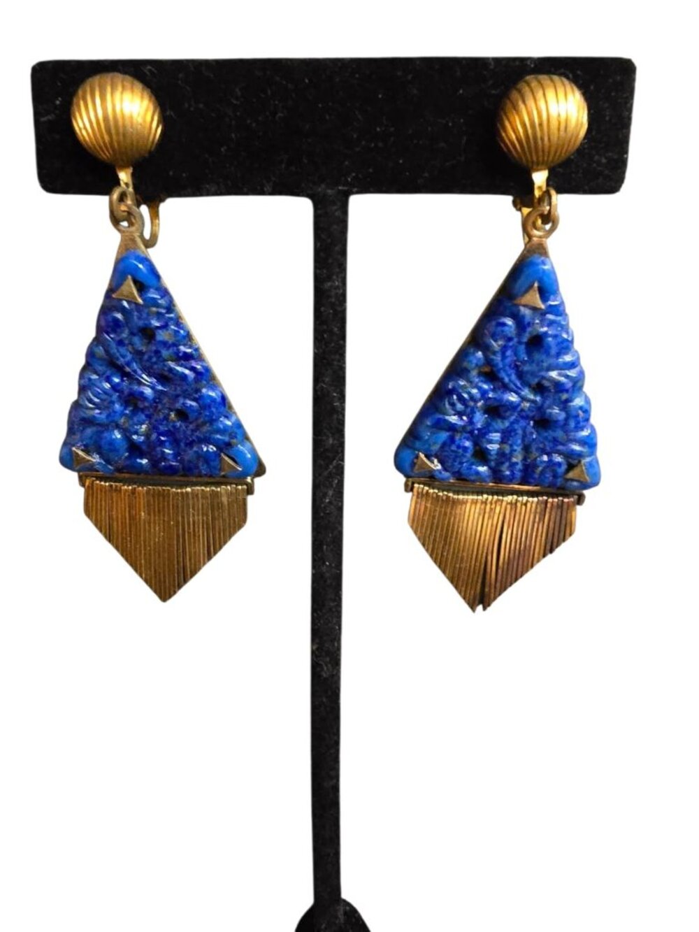 Antique Art Deco Czech Molded Glass Fringed Clip Earrings (A9479)